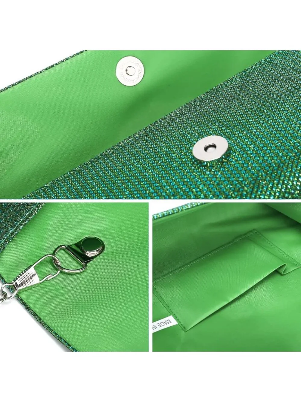 Women's Green Glitter Clutch Purse Evening Bag With Chain For Wedding Handbag